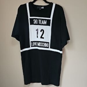 Love Moschino Black and White Ski Team Knit Sweater Dress Short Sleeves